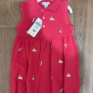 Ralph Lauren Red Polo Romper with Embroidered Sailing motifs, Size 24 months